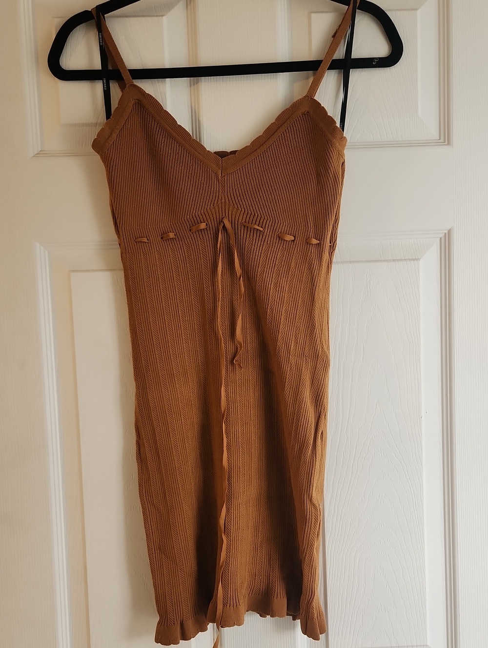 Ribbed Knit Spaghetti Strap Midi Dress - Camel